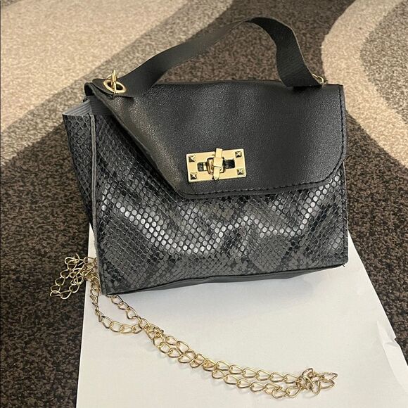 Handbags - Black Snakeskin Mini Bag w/ Gold Chain Strap